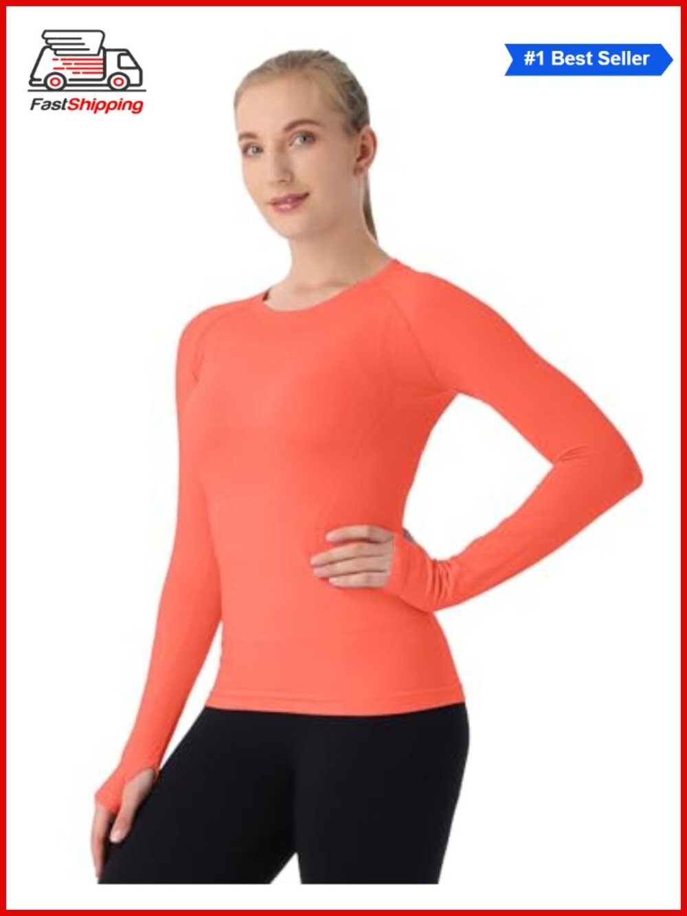 Seamless Long Sleeve Workout Top Thumb Holes Crew Neck Slim Fit Gym Yoga